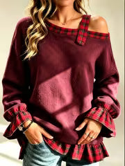 Fall Women'S Asymmetric Cold Shoulder Sweatshirt, Plaid Patchwork Flare Cuff Long Sleeve Loose Casual Pullover — view 3