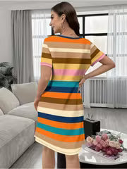Women's Homewear, Colorful Horizontal Stripe Short - Sleeved Knee - Length Dress, Polyester Material, Multiple — view 4