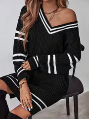 Autumn/Winter Women's Elegant Striped Color-Block Pullover Fabric Dress, Elegant Special Edition — view 3