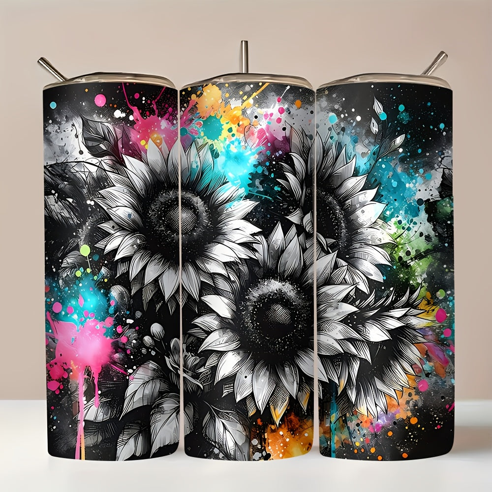20oz Sunflower Ink Splash Print Tumbler with Lid And Straw, Fits Hot And Cold Drinks for All Seasons, Ideal for Coffee, Sports, Car Use, Great Gift for Any Occasion