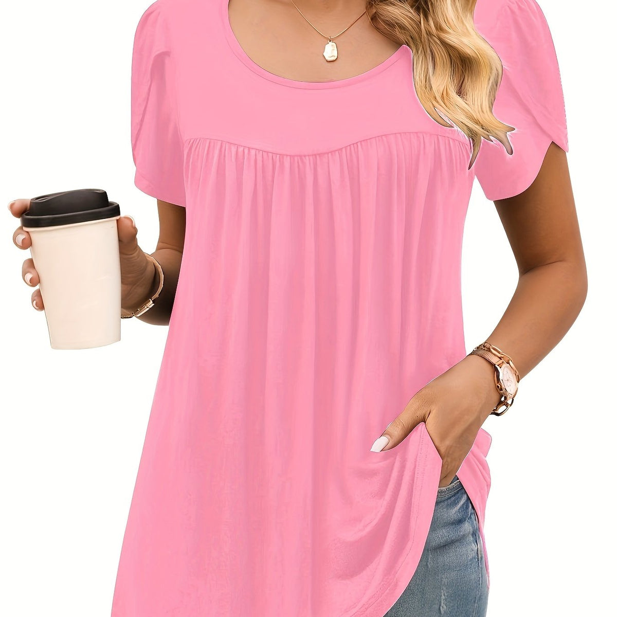 Women's Fashion Pleated Front Round Neck Petal Sleeve