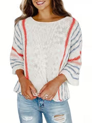 Women's Lightweight Comfy Cable Pullover Sweater - Color Block Striped Boho Chic Off-Shoulder/Boat Neck, Soft — view 3