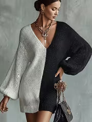 Elegant Color-Block Spliced Deep V-Neck Dress with Lantern Sleeves - Loose-Fit Long Dress Suitable for Home — view 4