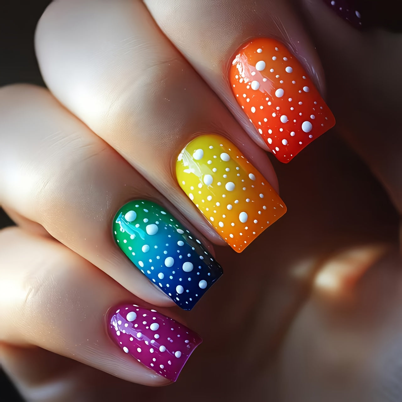 24pcs of Short Rainbow Gradient Polka Dot Press-On Nails