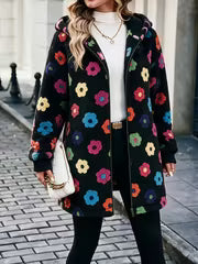Dopamine Colored Flower Plush Coat Women'S Mid-Length Hooded Zipper Cardigan Retro Sweet Cool Style Autumn — view 1