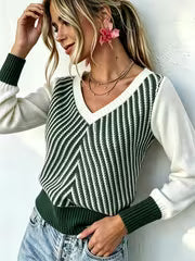 Color-Block V-Neck Sweater for Women, Color-Block Long-Sleeve Spliced Ribbed Pullover Top. Soft And Lightweight — view 9