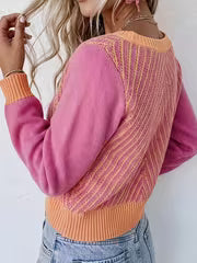 QD260517095 Color-Block Sweater Women'S Casual All-Match V-Neck Pullover Coat Individual Design Pure Color Long — view 3