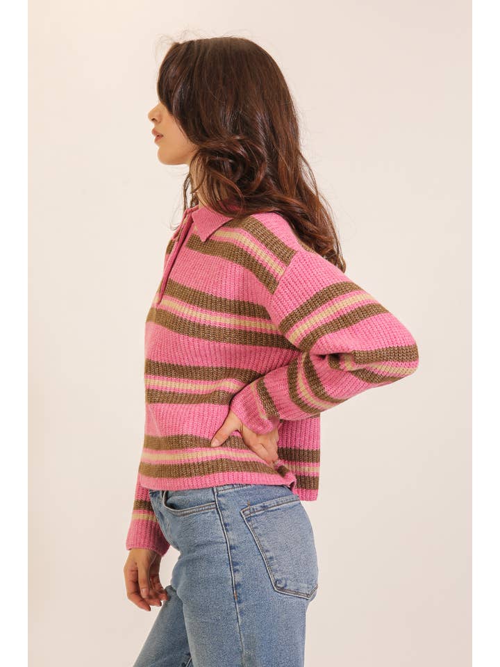 Striped Collared Button-Placket Knit Sweater — view 4