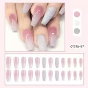 24pcs Glossy Long Coffin Press On Nails Gradient Pink And White French Style False Nails Glitter Reusable Fake — view 2