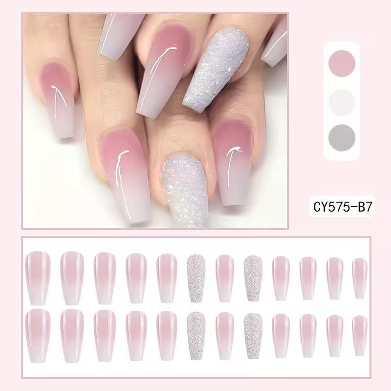 24pcs Glossy Long Coffin Press On Nails Gradient Pink And White French Style False Nails Glitter Reusable Fake — view 12