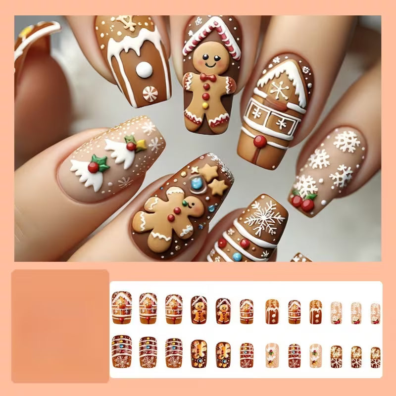 48pcs Christmas Gingerbread for Man & House Press On Nails Suitable for Nail Art, 3D Raised Gingerbread Characters, Retro Brown Base with Snowflake Designs, False Nails for Holiday Parties, Winter Nail Decorations