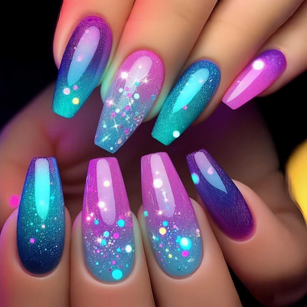Press-On Nail Patches, Mid-Long Style Nails, Purple Ombre Universe Star Polka Dot Nude Nail Patches, New Year Style Nails, Spring Summer Fashion Nail Stickers, Removable 24pcs Nail Patches