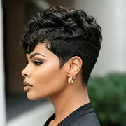 Real Human Hair Wig Suitable for Women & - Short Curly Pixie Cut with Bangs, 180% Density Thick Soft Black — view 5