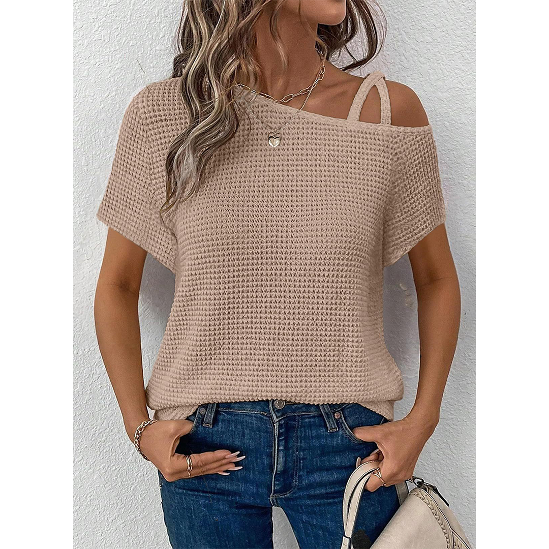 Short Sleeve Color Versatile Off-Shoulder Knit Top AXY048