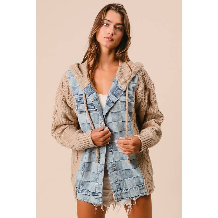 Washed Checker Denim and Sweater Hooded Jacket