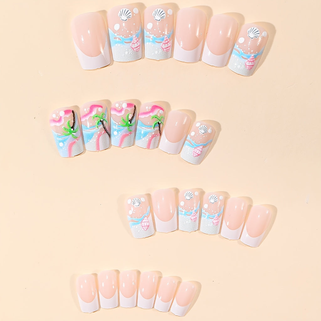 [24 Medium Square-Shaped Nails] 24 Medium Square-Shaped Nails Featuring a Summer Ocean Theme with a Minimalist White French Tip, 3D Embossed Designs of Waves, Shells, And Coconut Trees, Fully Covered And Press-On, Suitable for Women to Wear on a Daily Basis, During Vacations