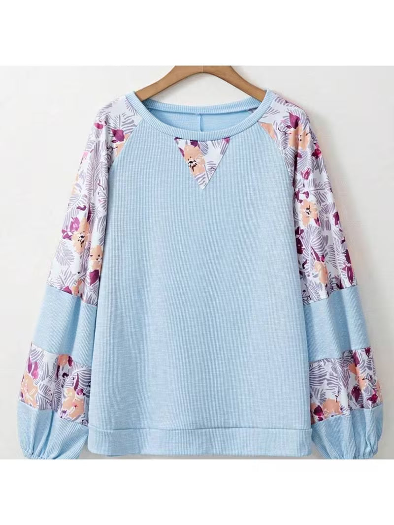 Boho Retro Cream Raglan Lantern Bubble Puff Sleeve Floral Sweater Shirt — view 12