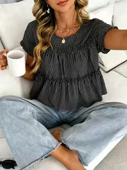 Casual Temperament Charming Fashion Striped Ruffled Short Sleeve Round Neck Top, Casual Easy Striped Round Neck — view 5