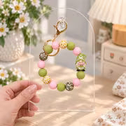 Garden Gnome Silicone Beaded Wristlet Keychain, Pink & Sage Green Floral Bead Key Ring, Car Key Holder and Bag — view 5