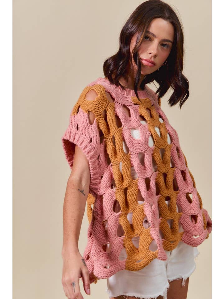 Color Block Open Knit Sweater Vest Top