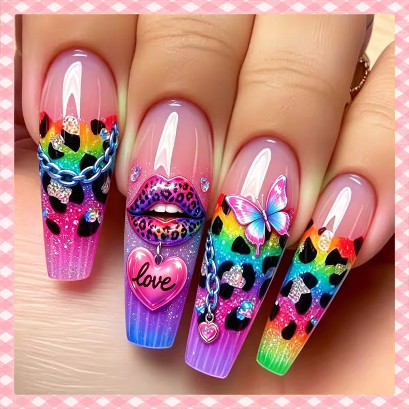 72pcs Sheer Pink Gradient Rainbow Glitter Extra Long Tapered Square Y2K Punk Girly Press On Nails, Translucent — view 7