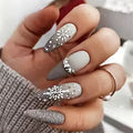 24pcs Christmas Snowflake And Rhinestone Nail Set - Medium Almond Shape, Bright White End, Festive Nail Art for — view 1