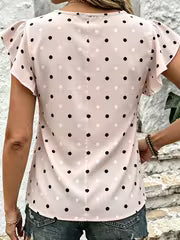Women's Summer Light Pink Polka Dot Flutter Sleeve T-Shirt, Round Neck Ruffle Short Sleeve Loose Fit Casual — view 5