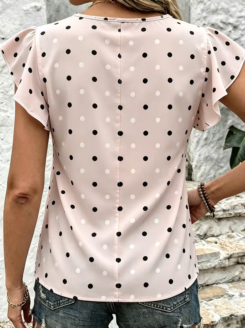 Women's Summer Light Pink Polka Dot Flutter Sleeve T-Shirt, Round Neck Ruffle Short Sleeve Loose Fit Casual — view 6