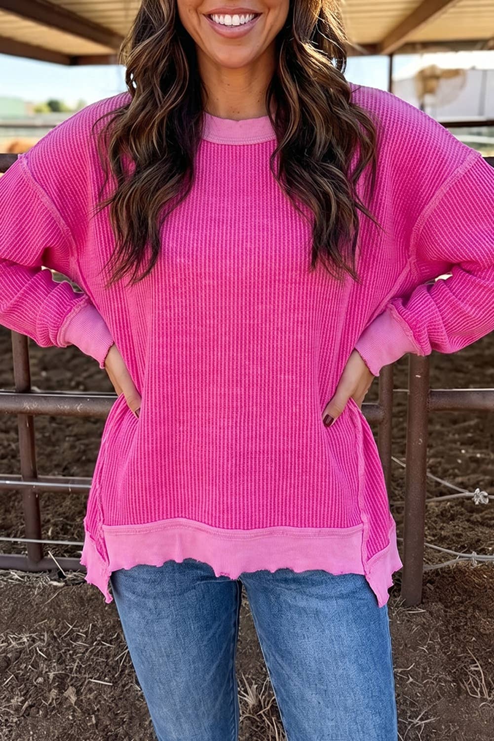 Fall Twist Rib Uneven Hem Drop Shoulder Oversized Knit Top