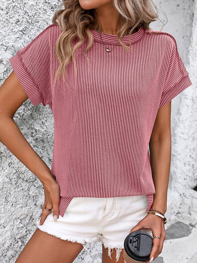 Ribbed Knitting Stitching Outside Round Neck Top MD121