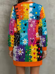 Women's Autumn/Winter Casual Daily Vibe Round Neck Sweatshirt with Colorful Doodle Heart, Daisy, and Checkered — view 2