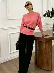 Women'S Elegant Off-Shoulder Solid Batwing Short-Sleeve Sweater, Soft Half-Sleeve Top for Daily Casual And Party — view 4