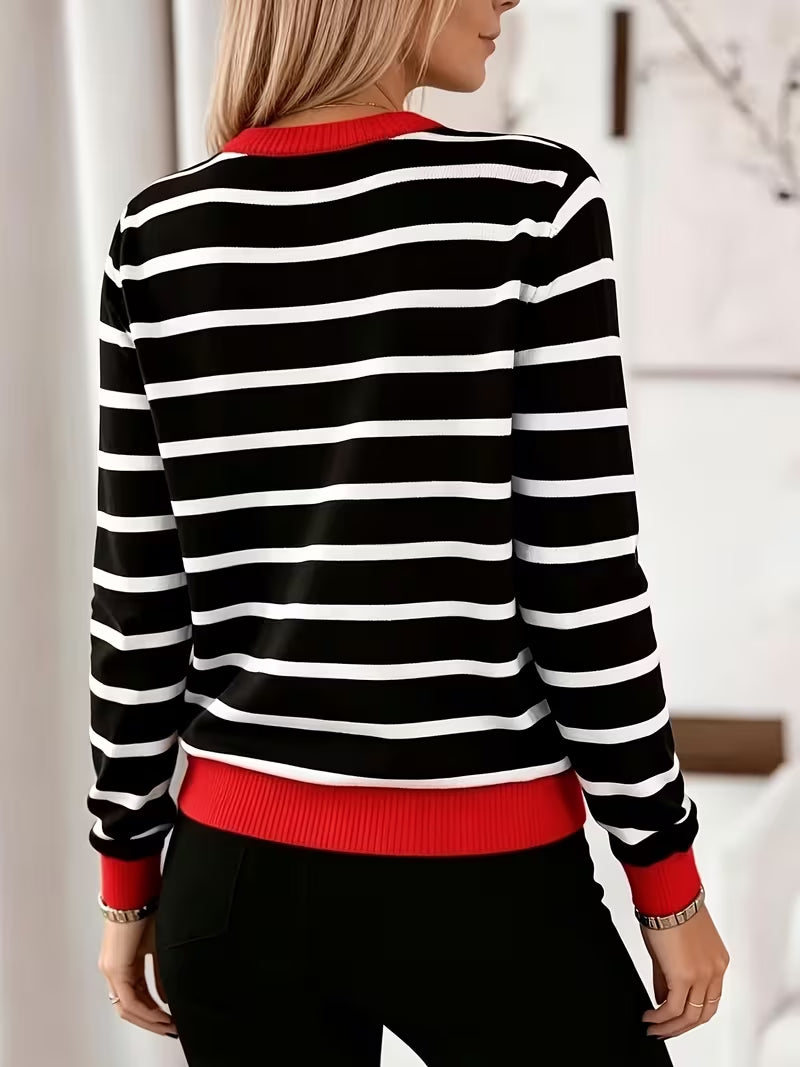 Elegant Color-Block Striped Sweater - Soft Round Neck Pullover with Horizontal Stripes, Medium Stretch Suitable — view 6