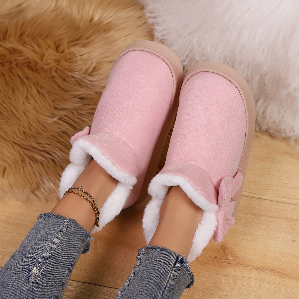 BUSYLION Women'S Bow Decor Short Snow Boots Fleece Warm