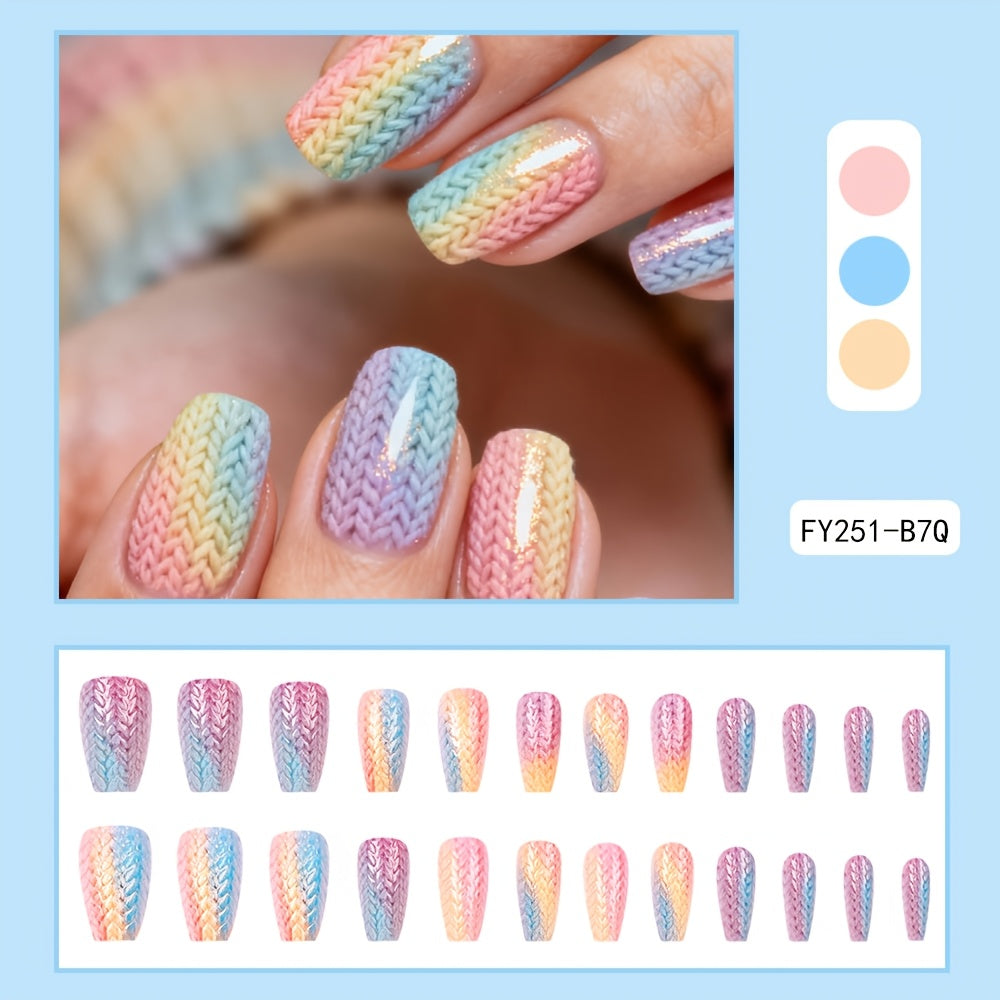 24pcs Short-T Press On Nails Matte Nails Rainbow Gradient Color System Fake Nails Autumn And Winter Atmosphere with Knitted Texture Pattern Artificial Reusable False Nails for Women