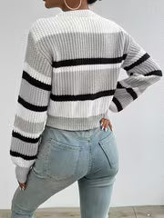 Striped Round-neck Cropped Sweater, Casual Long-sleeve Sweater for Spring and Autumn, Women's Clothing — view 1