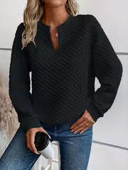 2026 Fall Women Textured Knit Top Long Sleeve Notch Neck Cream Soft Cozy Casual Daily Wear Layering Trendy — view 12