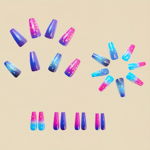 Press-On Nail Patches, Mid-Long Style Nails, Purple Ombre Universe Star Polka Dot Nude Nail Patches, New Year Style Nails, Spring Summer Fashion Nail Stickers, Removable 24pcs Nail Patches