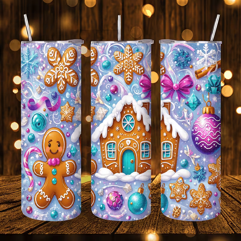 1pc 20oz Christmas Gingerbread for Man And Snow House Pattern Stainless Steel Insulated Tumblers Coffee Office — view 7