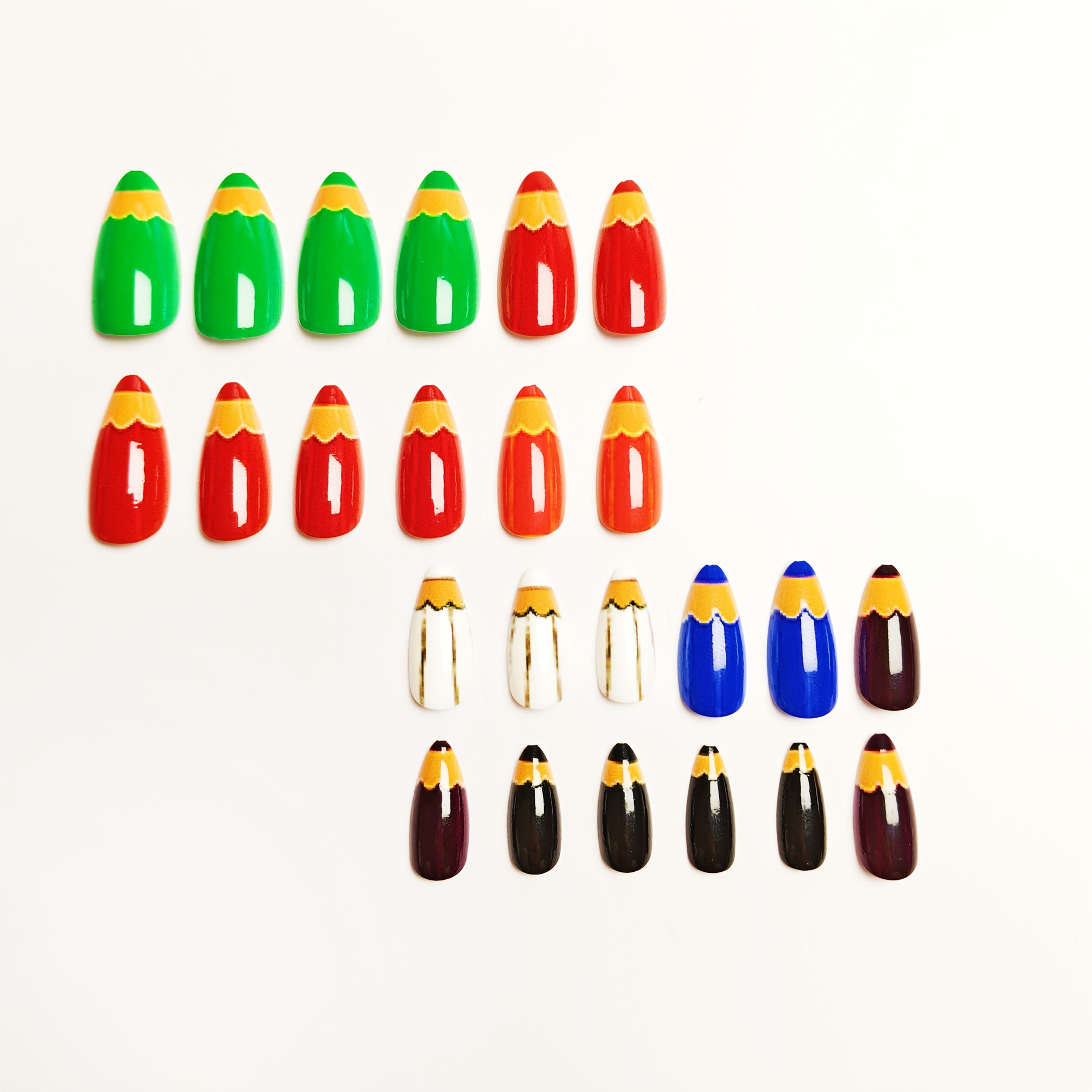24pcs Press-On Nails, Green, Orange, Yellow, And Red, with Painted Pen And Crayon Brush Pattern Design, Fake Nails, Medium-Long Water Drop Nails, Glossy Removable Nail Pieces, Suitable for Daily Use, Suitable for Painting Occasions