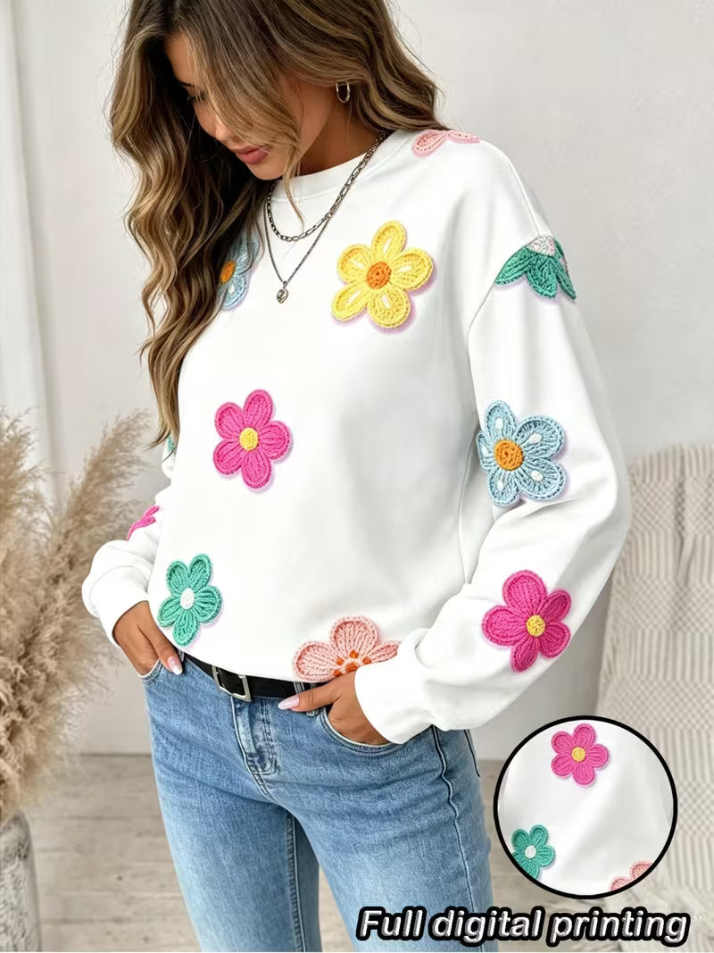 Women'S Loose Round Neck Full Print Sweatshirt, Floral Print Long Sleeve Pullover, Oversized Drop Shoulder — view 8