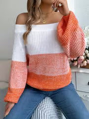 Elegant Off-Shoulder Striped Sweater - Casual Lantern Long Sleeve, Acrylic Knit for Women - Perfect for — view 6