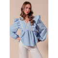 Solid Woven Long Sleeve Top with Wave Trim