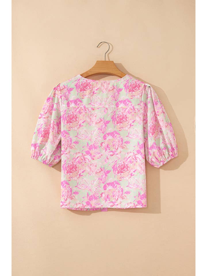 PRETTY BASH Floral Ribbon Tie Front Puff Sleeve Blouse