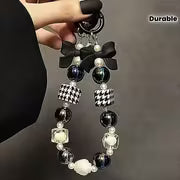 Elegant Black and White Electroplated Beaded Bow Keychain with Pearl and Crystal Accents - Durable ABS Material — view 1