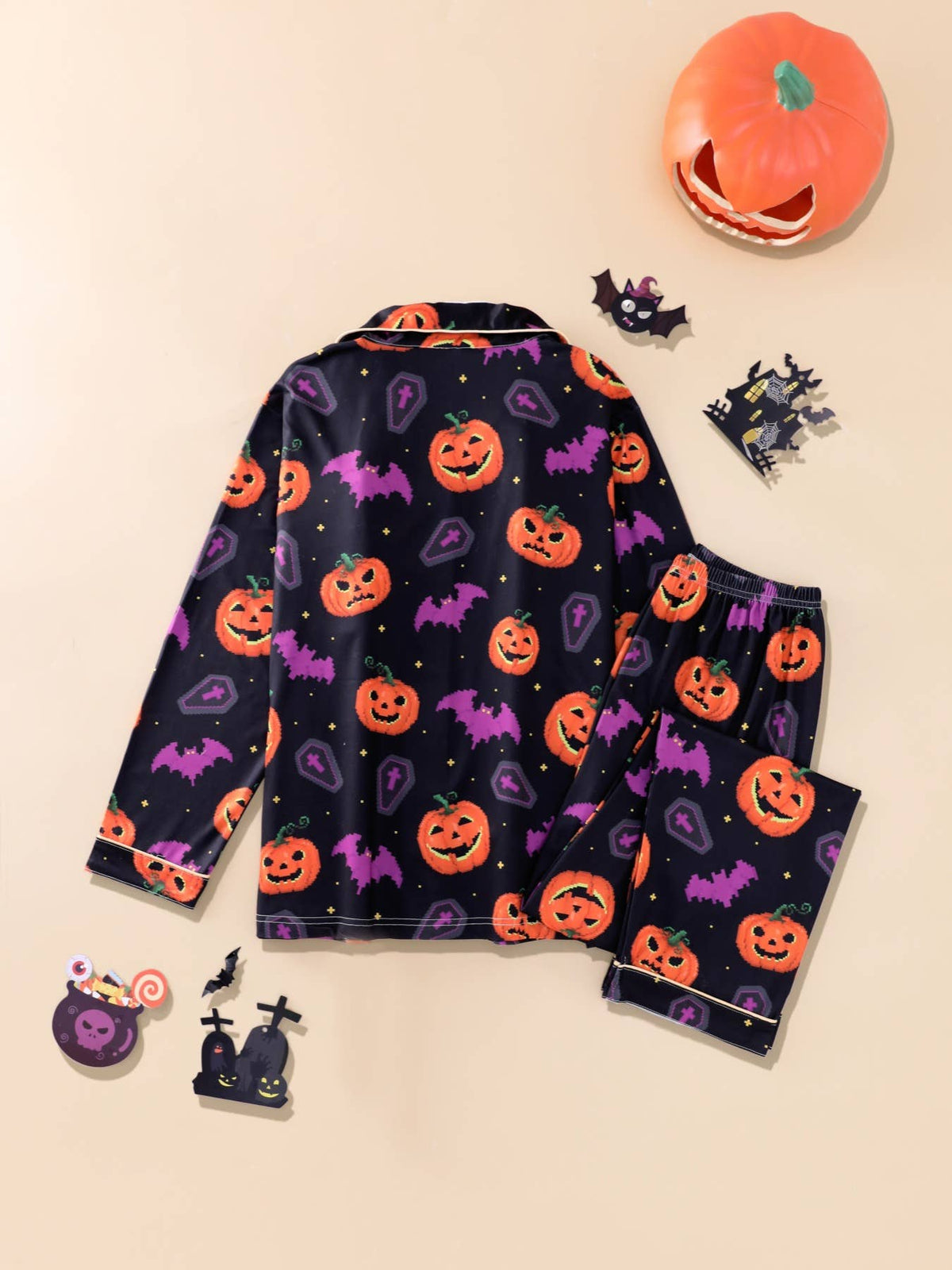 Long Sleeve Halloween Pajama Set Pumpkin Print Sleepwear Set