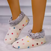 Women'S Comfortable Indoor Short Boots - Black Soft Sole with Colorful Polka Dot Pattern, Warm Fleece Lining — view 5