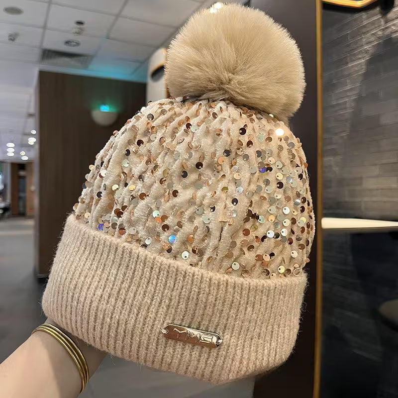 Autumn and Winter Sequins with Balls and Yarn Hats Fashion Winter Outdoor Warmth Hats Skiing Cold Hats — view 8