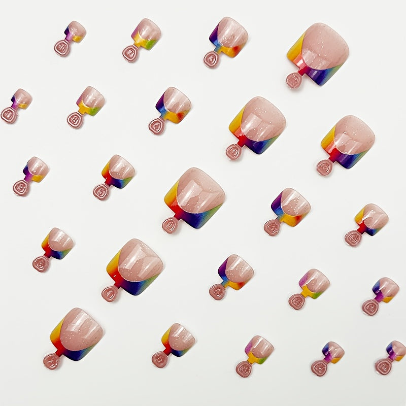 [24pcs Short Square Nails] Instant Charm Enhancement, 24pcs Short Square Nails, Fashionable Easy Rainbow Gradient French Toenails, Silvery Glitter Decoration, Spicy Nail Art, Ins Style Press-On Toenails, Fresh Easy Summer Nail Supplies