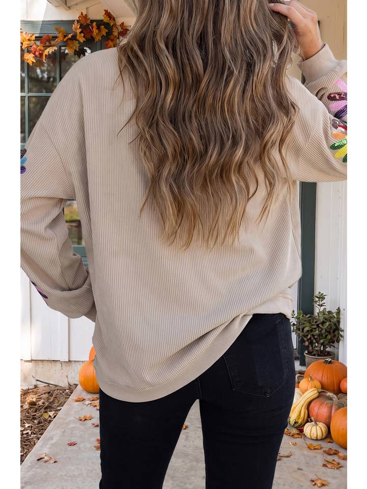Las Fall Sequin Leaf Turkey Ribbed Sweatshirt (S-2XL)